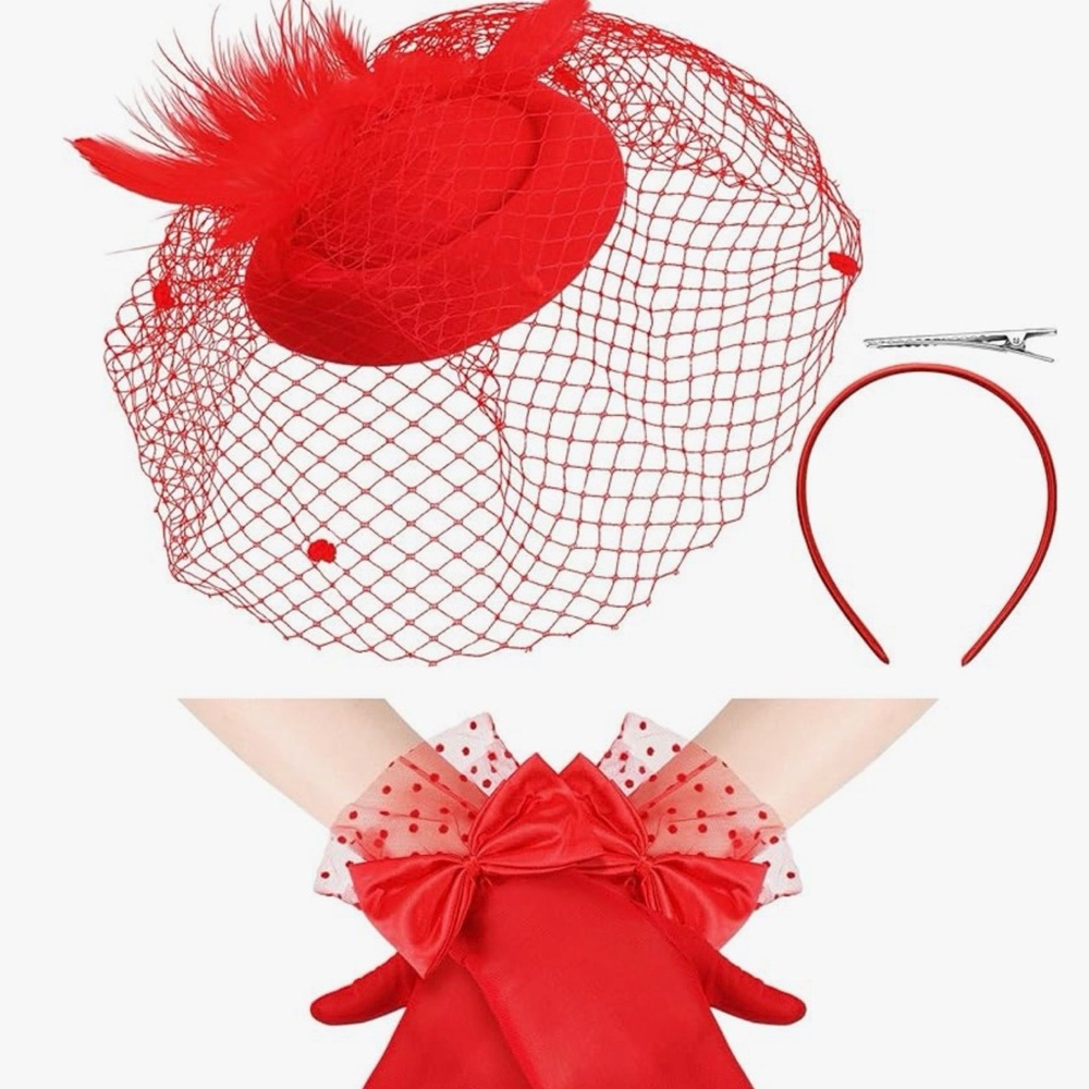 Red Veiled Fascinator Headpiece with Feather Accent - Women Accessories